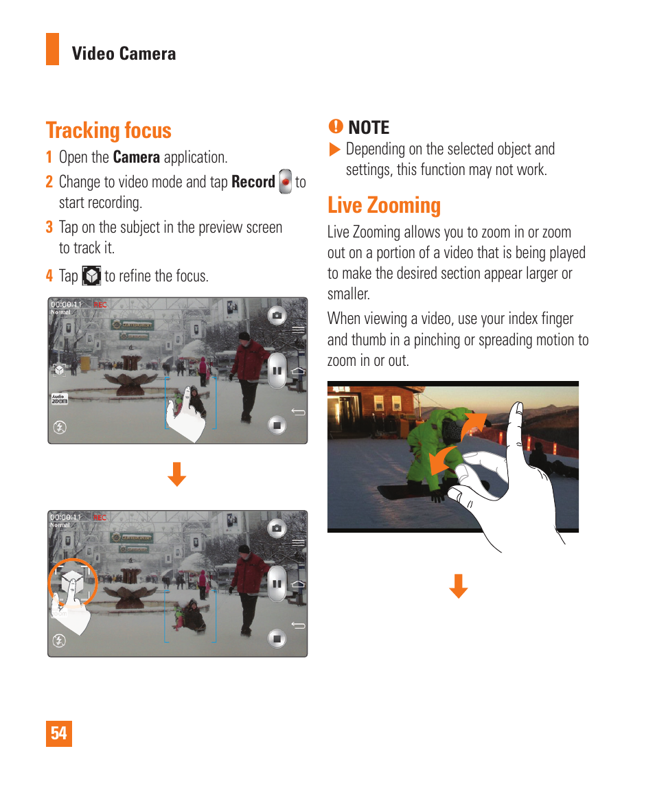 Tracking focus, Live zooming, Tracking focus live zooming | LG D800 User Manual | Page 54 / 133