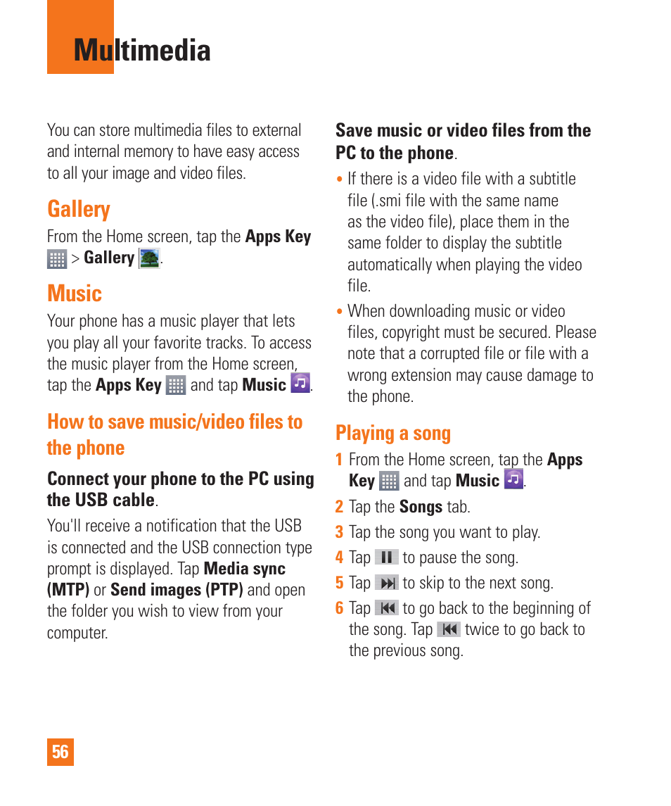 Multimedia, Gallery, Music | How to save music/video files to the phone, Playing a song | LG D800 User Manual | Page 56 / 133