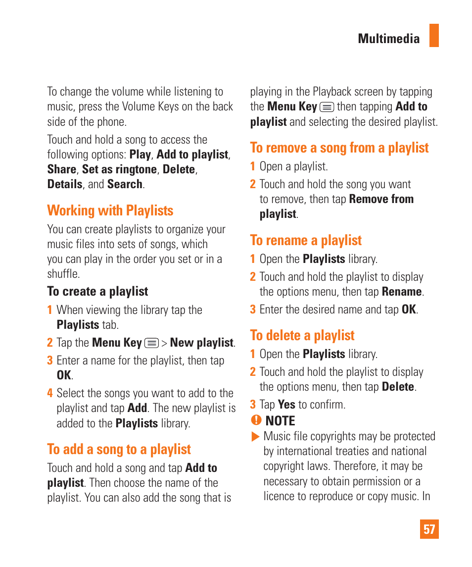Working with playlists, To add a song to a playlist, To remove a song from a playlist | To rename a playlist, To delete a playlist | LG D800 User Manual | Page 57 / 133