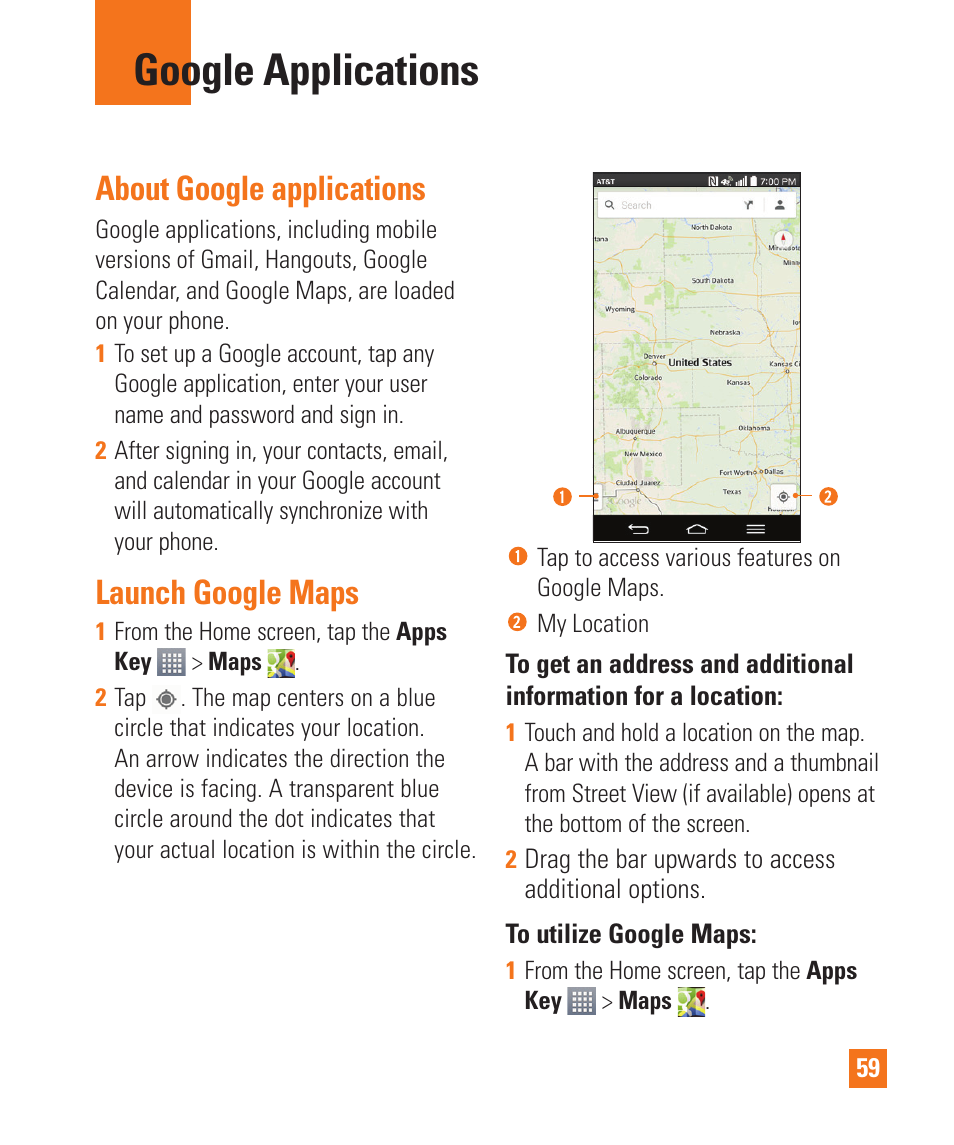 Google applications, About google applications, Launch google maps | LG D800 User Manual | Page 59 / 133