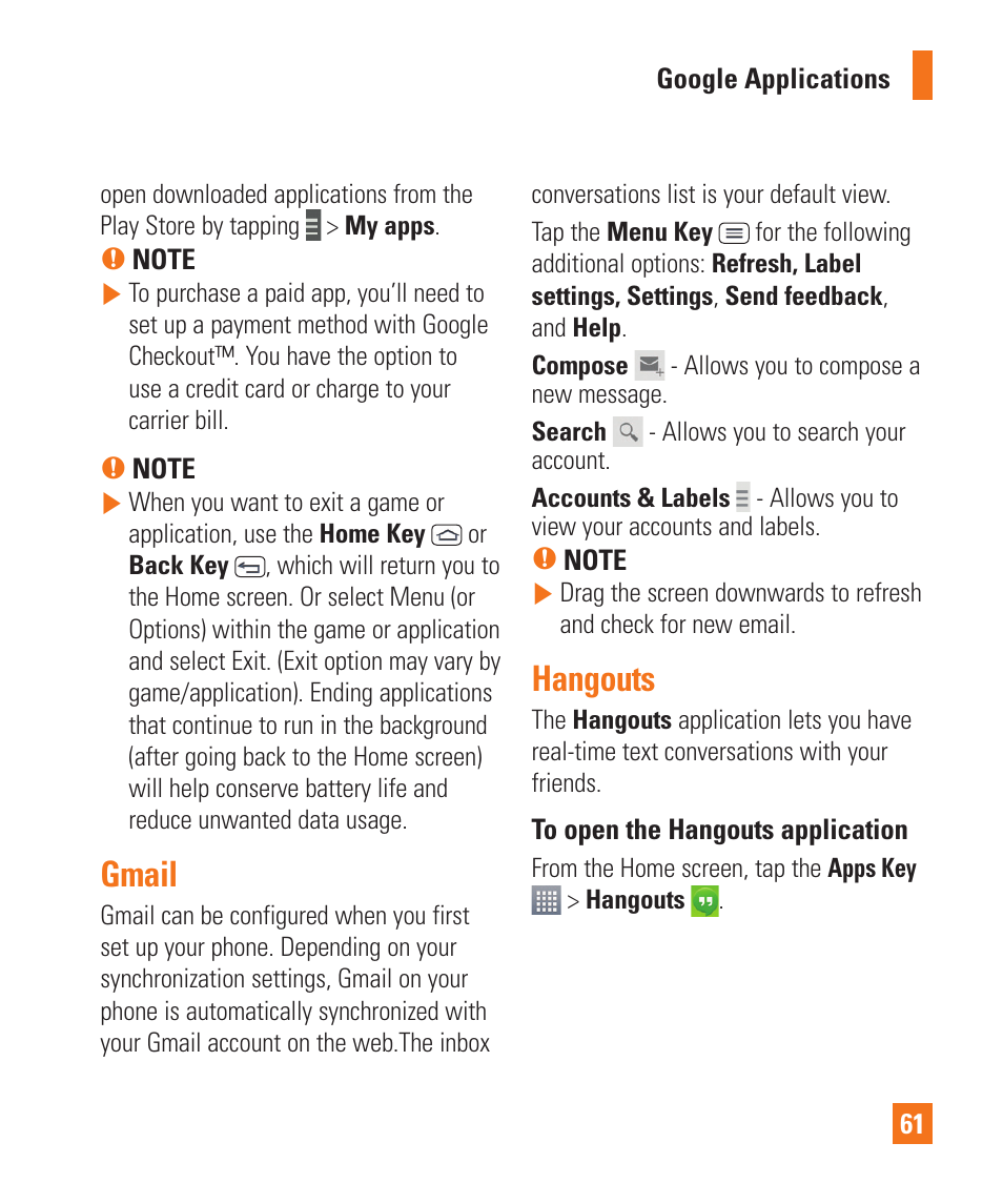 Gmail, Hangouts, Gmail hangouts | LG D800 User Manual | Page 61 / 133