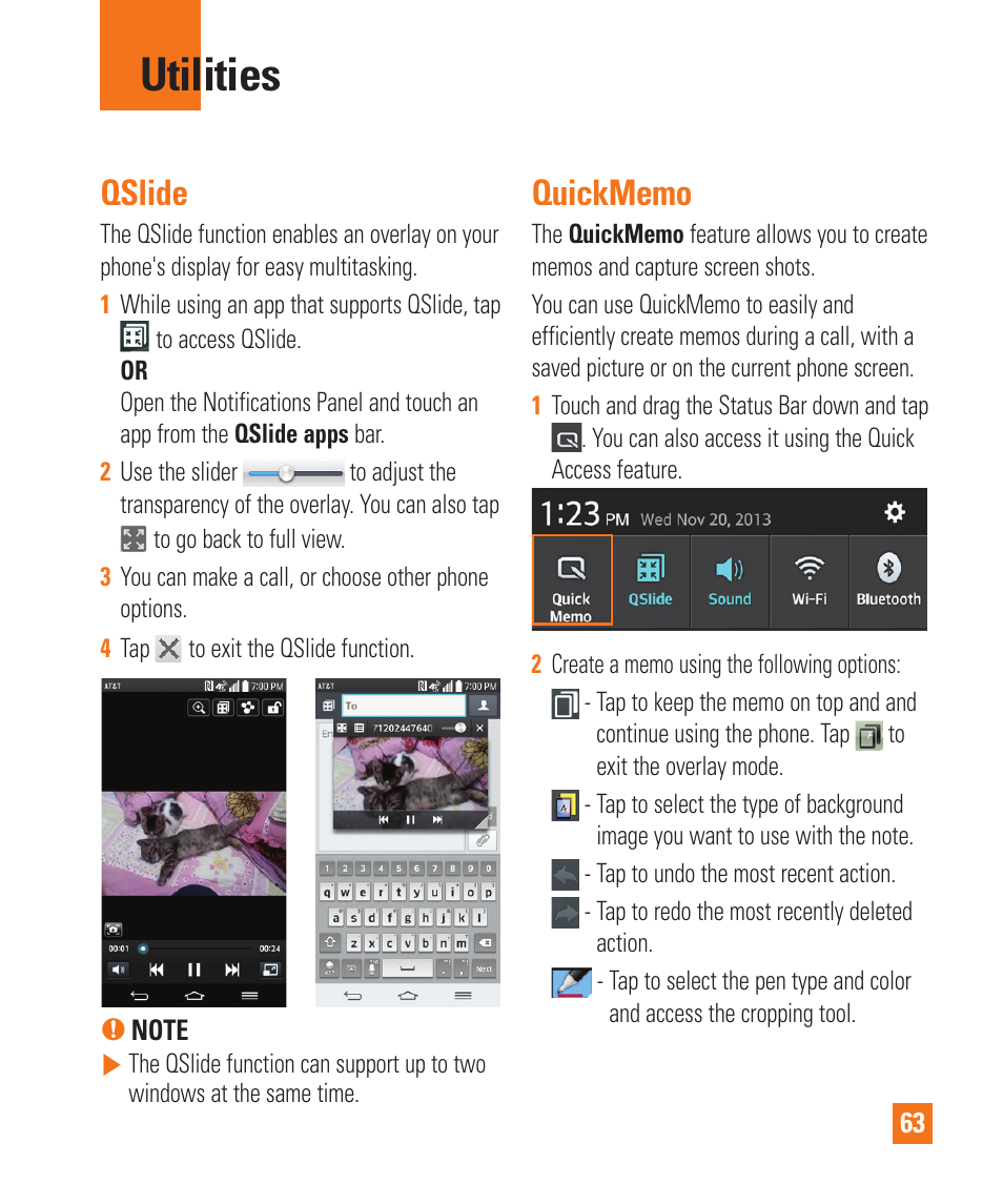 Utilities, Qslide, Quickmemo | Utilities qslide quickmemo | LG D800 User Manual | Page 63 / 133