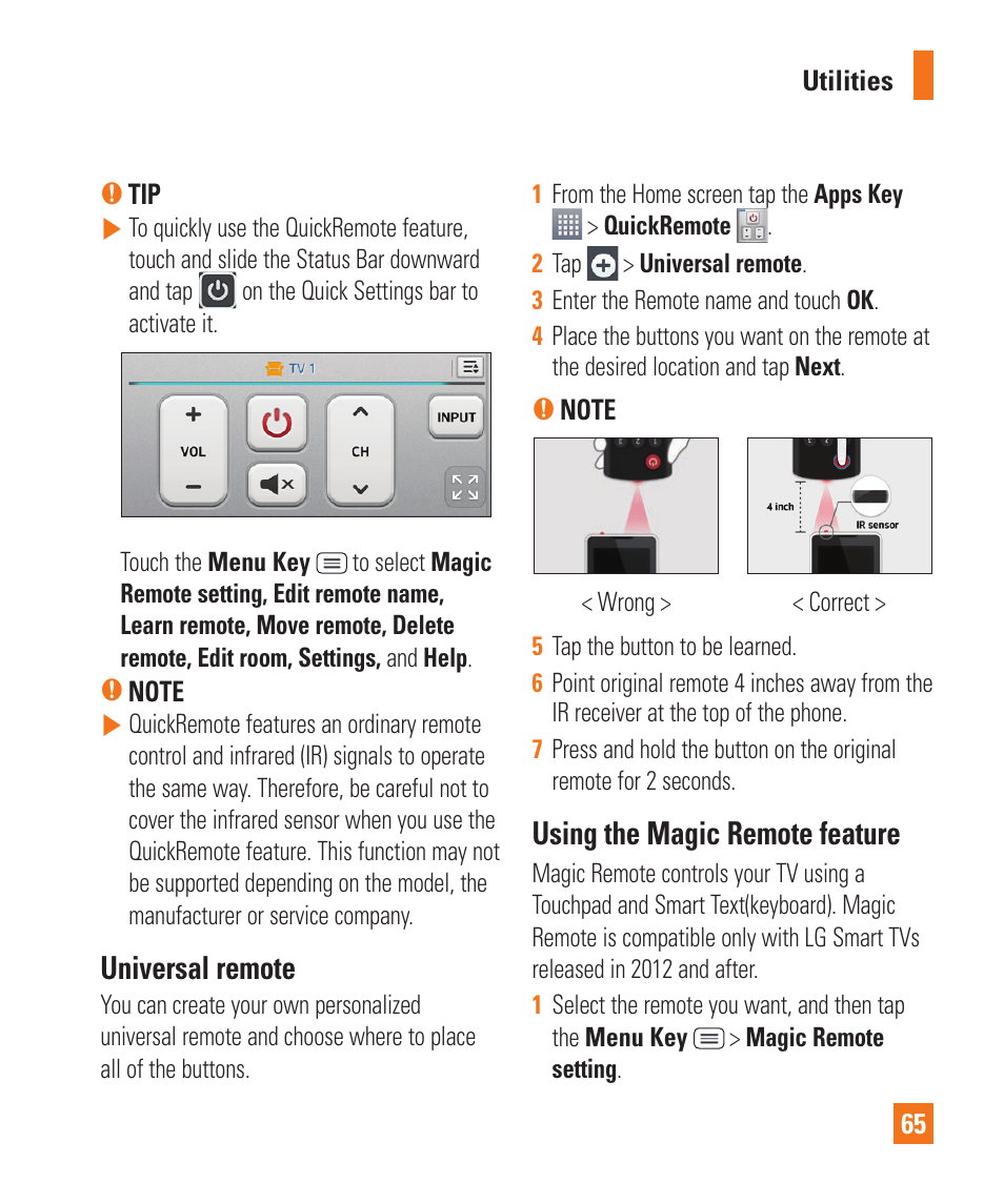 Universal remote, Using the magic remote feature | LG D800 User Manual | Page 65 / 133