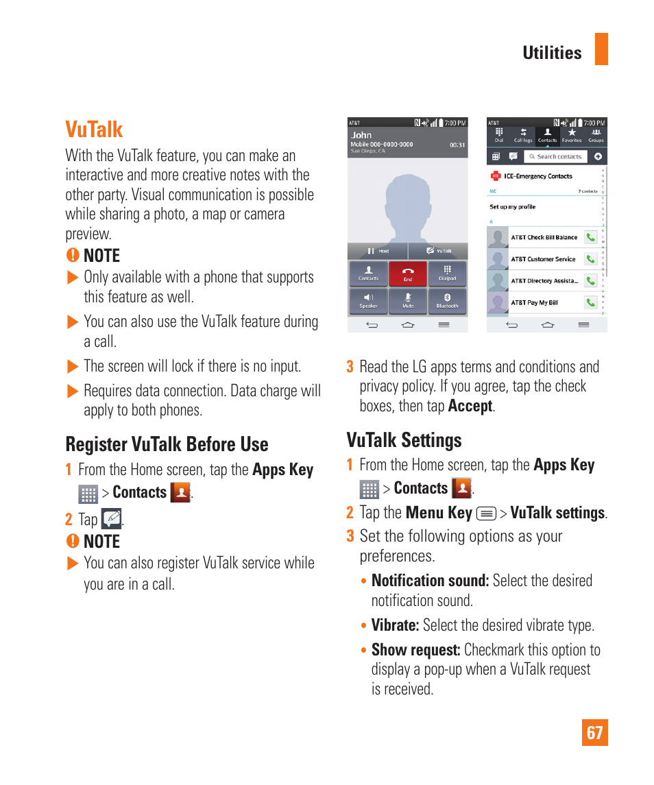 Vutalk, Register vutalk before use, Vutalk settings | LG D800 User Manual | Page 67 / 133