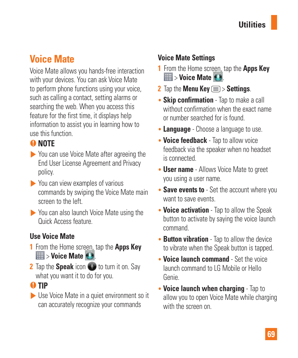 Voice mate | LG D800 User Manual | Page 69 / 133