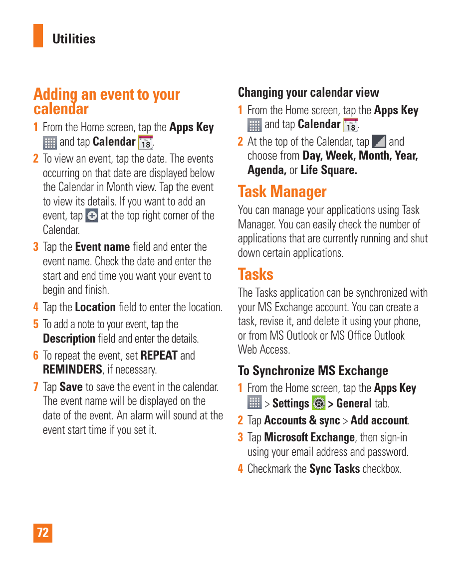 Adding an event to your calendar, Task manager, Tasks | LG D800 User Manual | Page 72 / 133