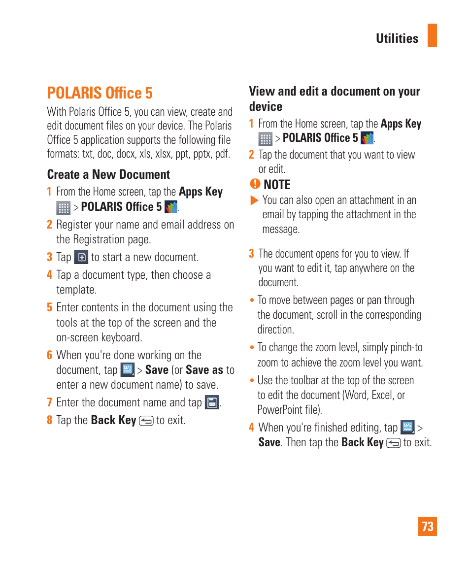 Polaris office 5, Polaris ofﬁce 5 | LG D800 User Manual | Page 73 / 133