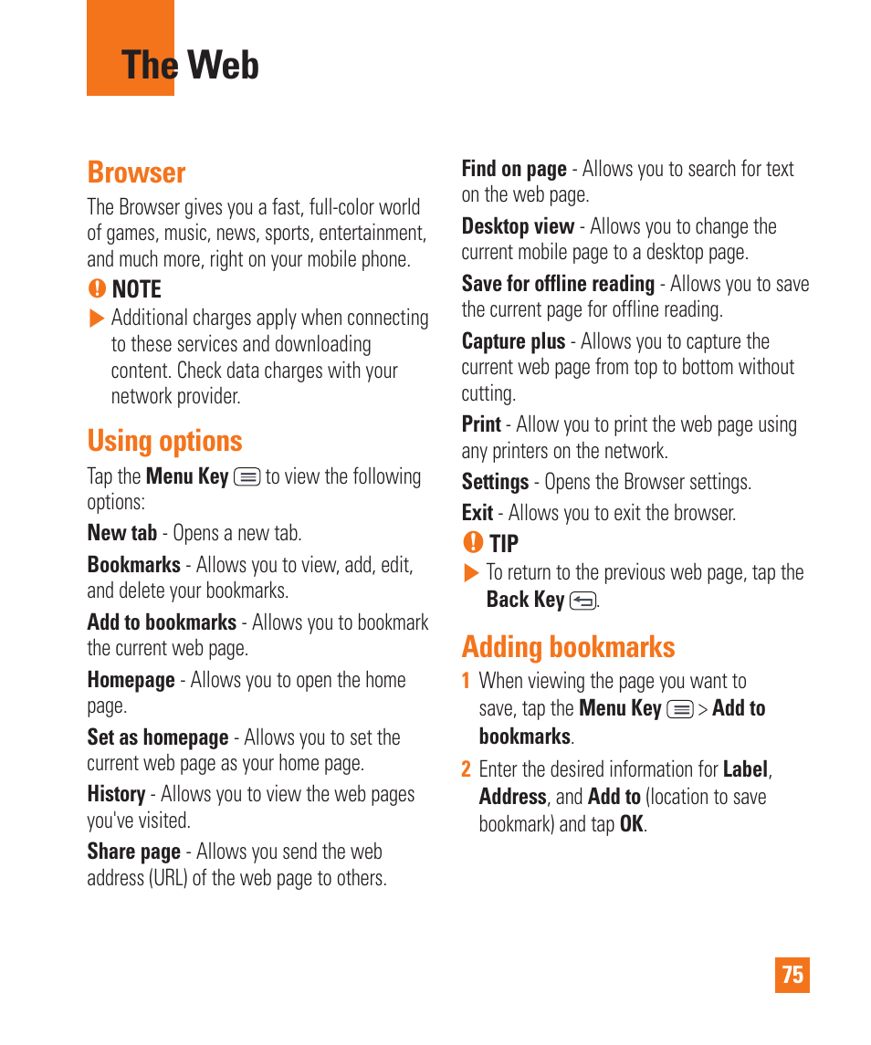 The web, Browser, Using options | Adding bookmarks, The web browser using options adding bookmarks | LG D800 User Manual | Page 75 / 133