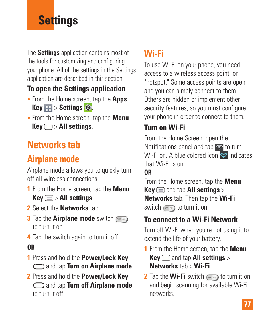 Settings, Networks tab, Airplane mode | Wi-fi, Settings networks tab, Airplane mode wi-fi | LG D800 User Manual | Page 77 / 133