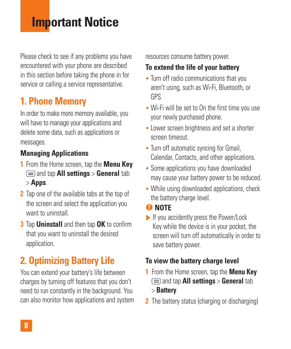 Important notice, Optimizing battery life | LG D800 User Manual | Page 8 / 133