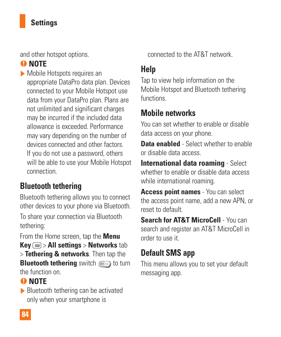 Bluetooth tethering, Help, Mobile networks | Default sms app | LG D800 User Manual | Page 84 / 133