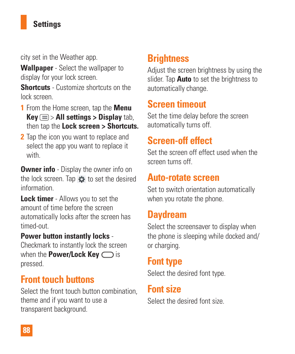 Front touch buttons, Brightness, Screen timeout | Screen-off effect, Auto-rotate screen, Daydream, Font type, Font size, Daydream font type font size | LG D800 User Manual | Page 88 / 133