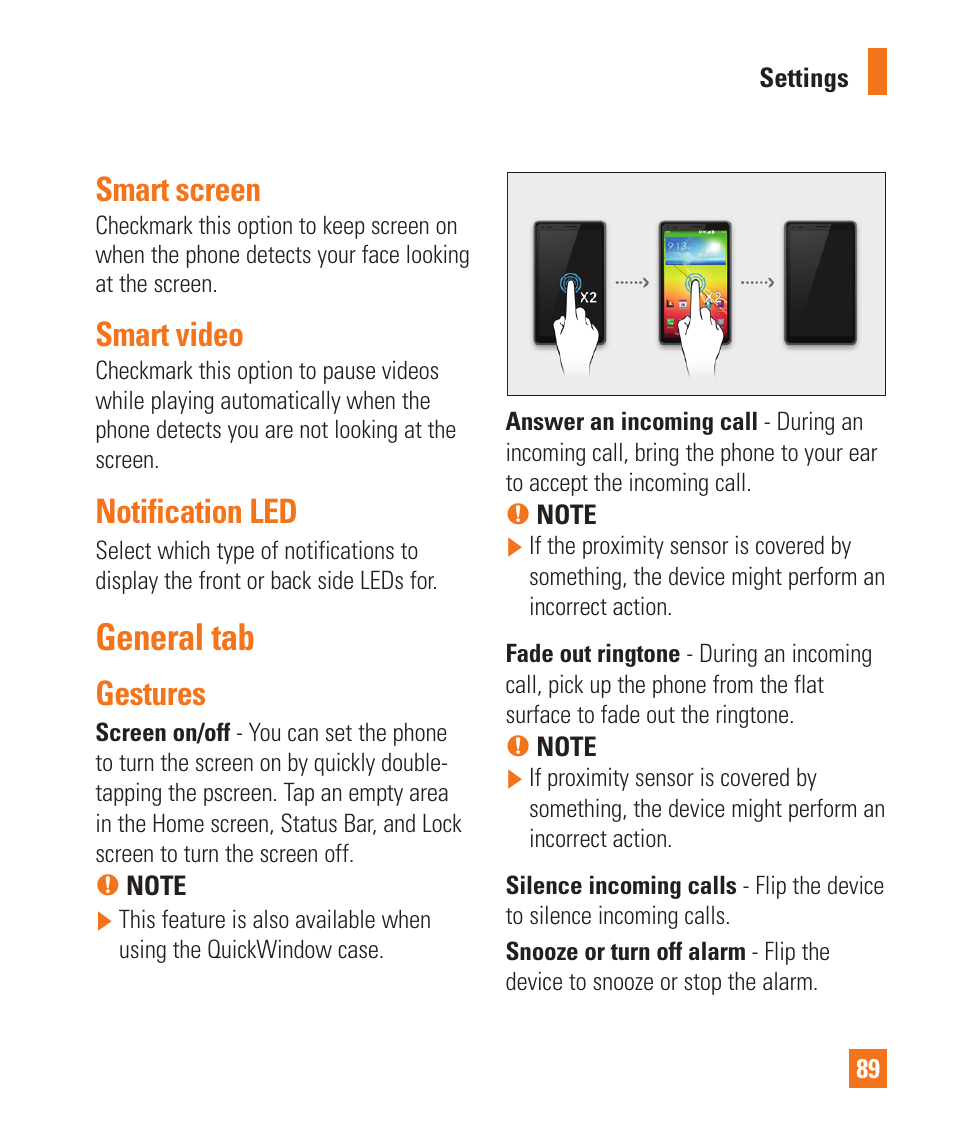 Smart screen, Smart video, Notification led | General tab, Gestures | LG D800 User Manual | Page 89 / 133