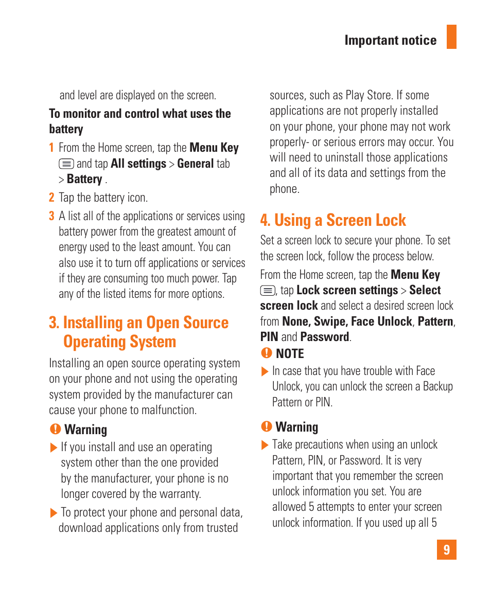 Installing an open source operating system, Using a screen lock | LG D800 User Manual | Page 9 / 133