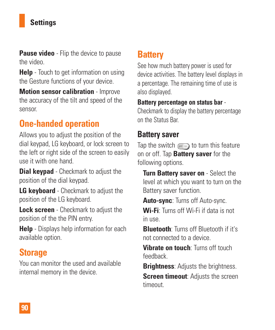 One-handed operation, Storage, Battery | One-handed operation storage battery | LG D800 User Manual | Page 90 / 133