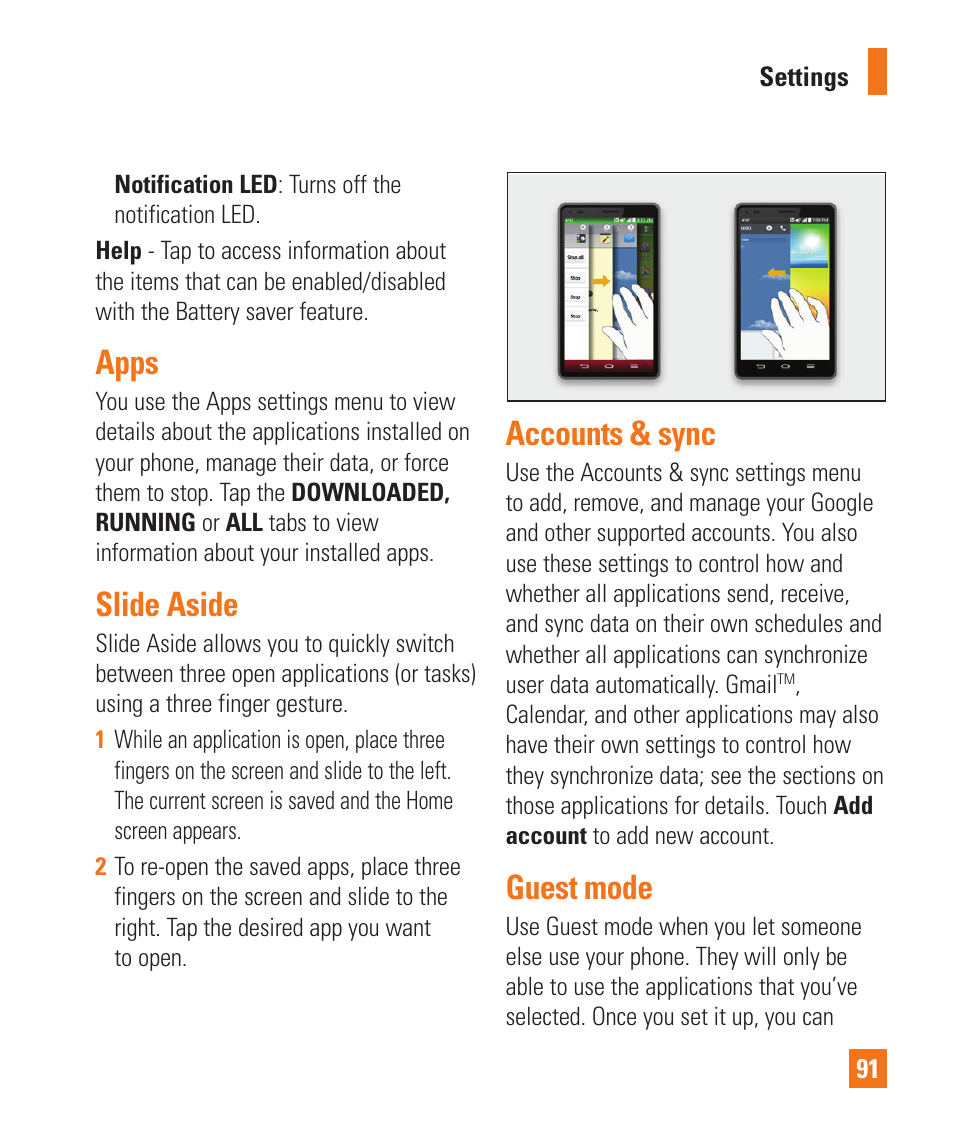 Apps, Slide aside, Accounts & sync | Guest mode, Apps slide aside accounts & sync guest mode | LG D800 User Manual | Page 91 / 133