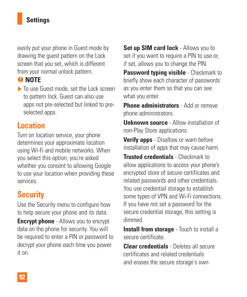 Location, Security, Location security | LG D800 User Manual | Page 92 / 133