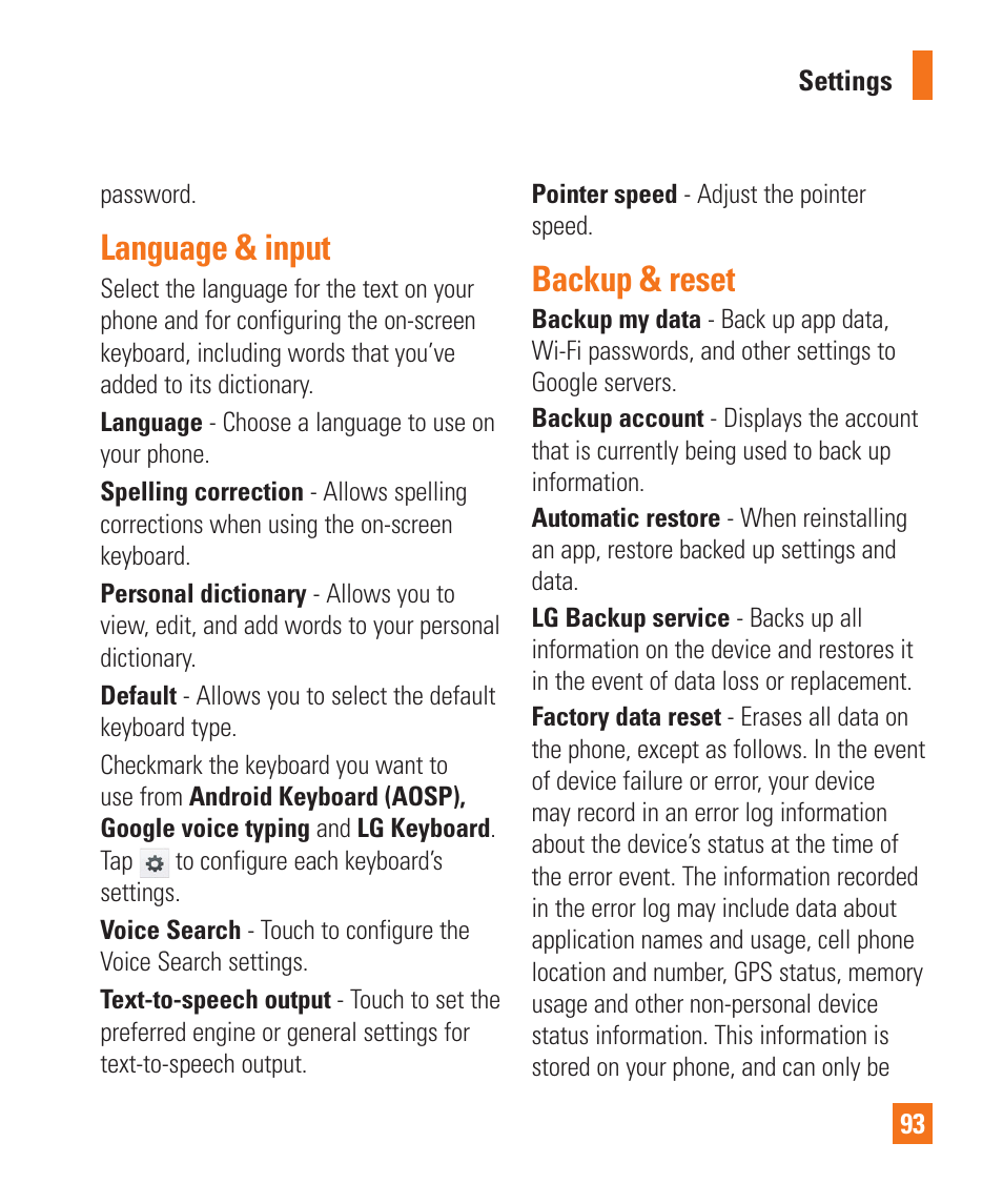 Language & input, Backup & reset, Language & input backup & reset | LG D800 User Manual | Page 93 / 133