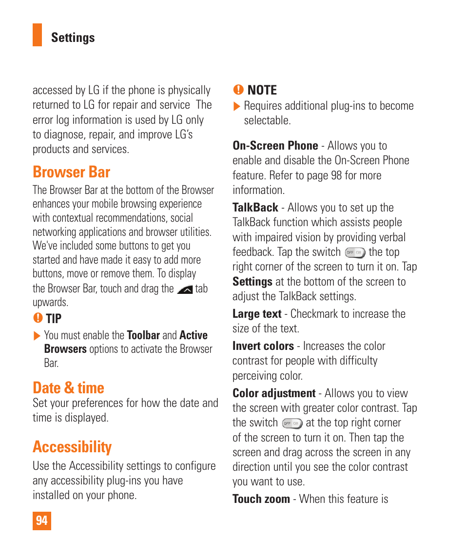 Browser bar, Date & time, Accessibility | Browser bar date & time accessibility | LG D800 User Manual | Page 94 / 133