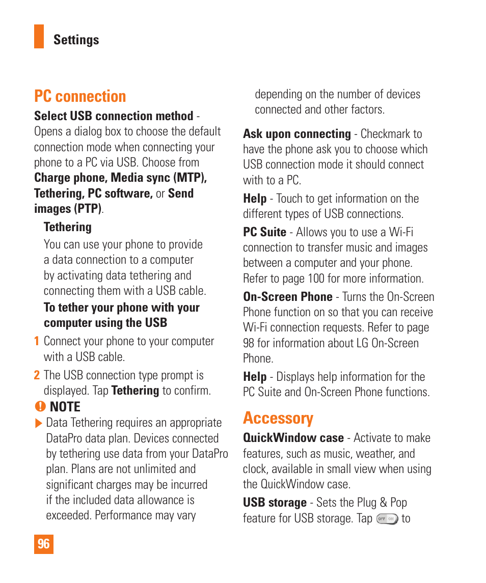 Pc connection, Accessory, Pc connection accessory | LG D800 User Manual | Page 96 / 133