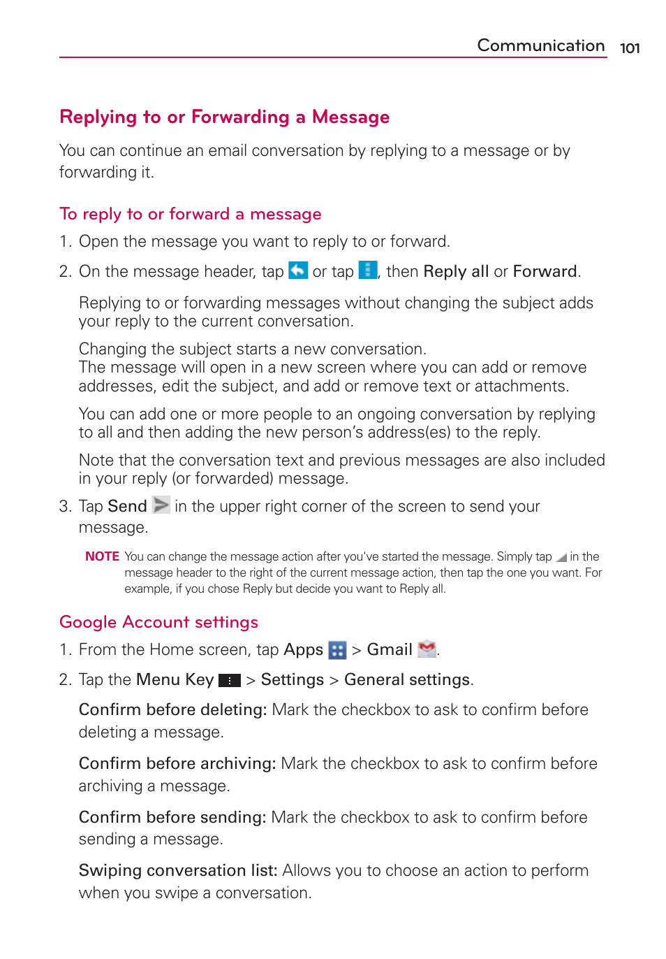 Replying to or forwarding a message | LG VS950 User Manual | Page 103 / 209