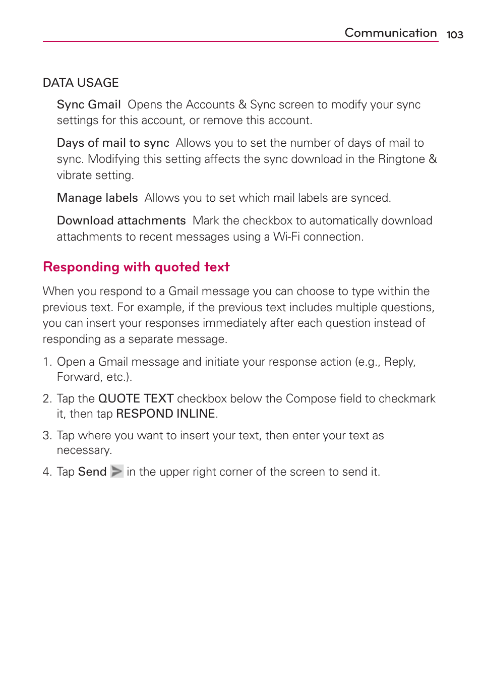 Responding with quoted text | LG VS950 User Manual | Page 105 / 209