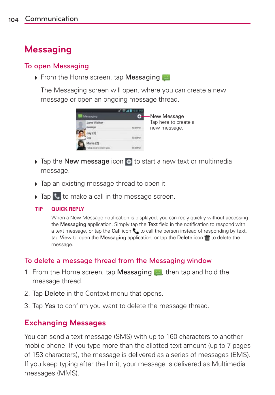 Messaging, Exchanging messages, Communication | LG VS950 User Manual | Page 106 / 209