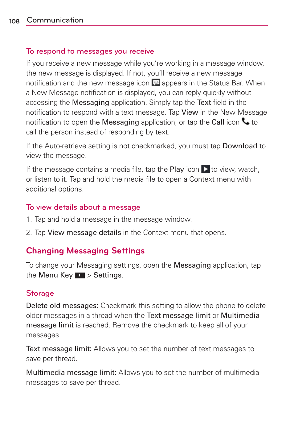 Changing messaging settings | LG VS950 User Manual | Page 110 / 209