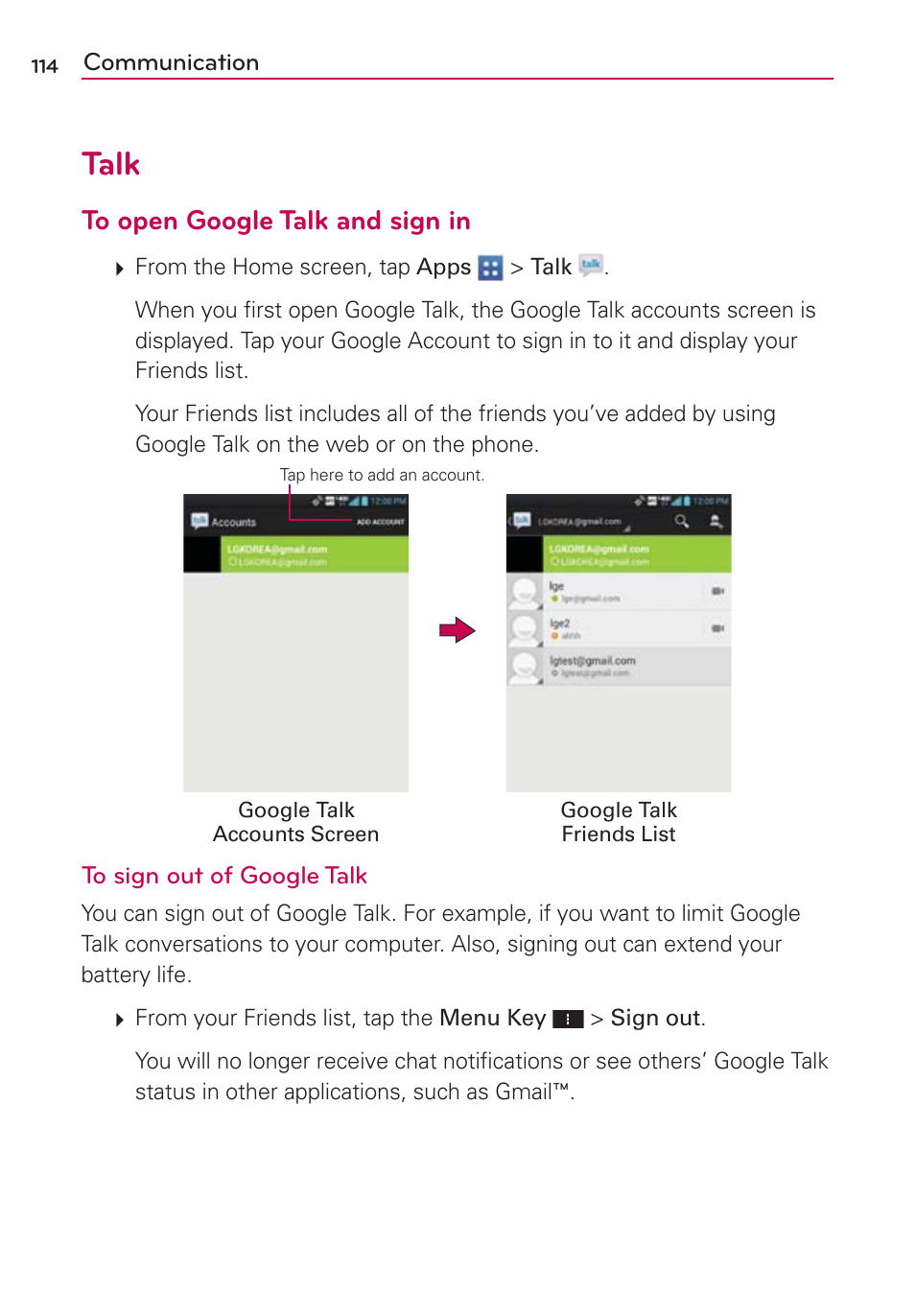 Talk | LG VS950 User Manual | Page 116 / 209