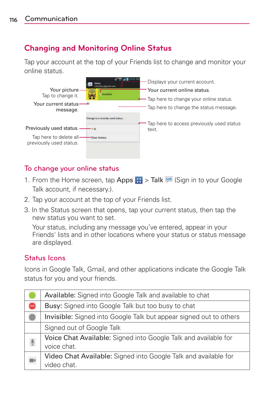 Changing and monitoring online status, Communication, Status icons | LG VS950 User Manual | Page 118 / 209