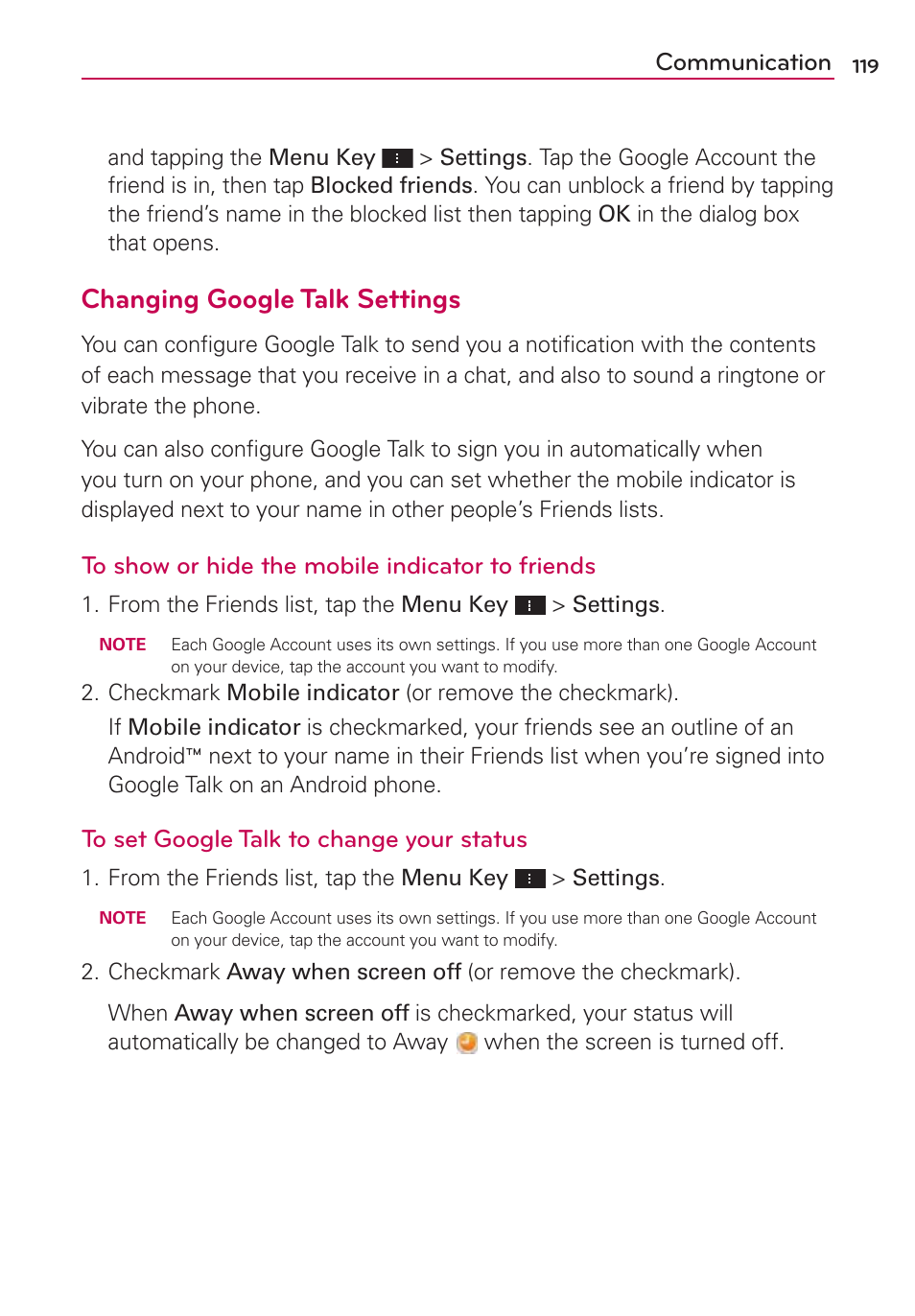 Changing google talk settings, Communication | LG VS950 User Manual | Page 121 / 209