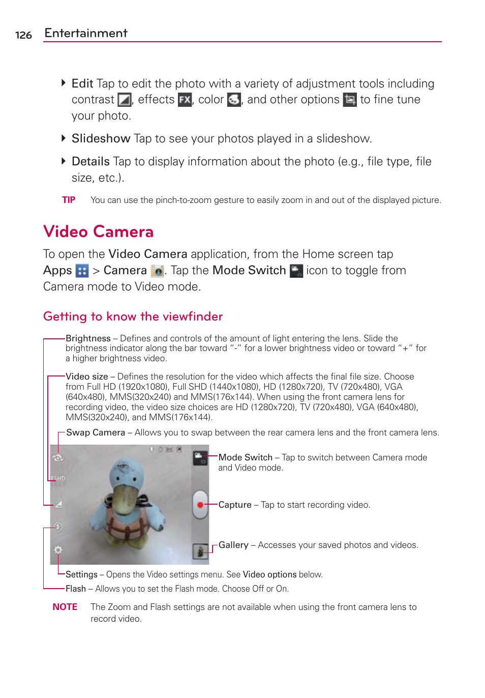 Video camera, Entertainment, Getting to know the viewﬁnder | LG VS950 User Manual | Page 128 / 209