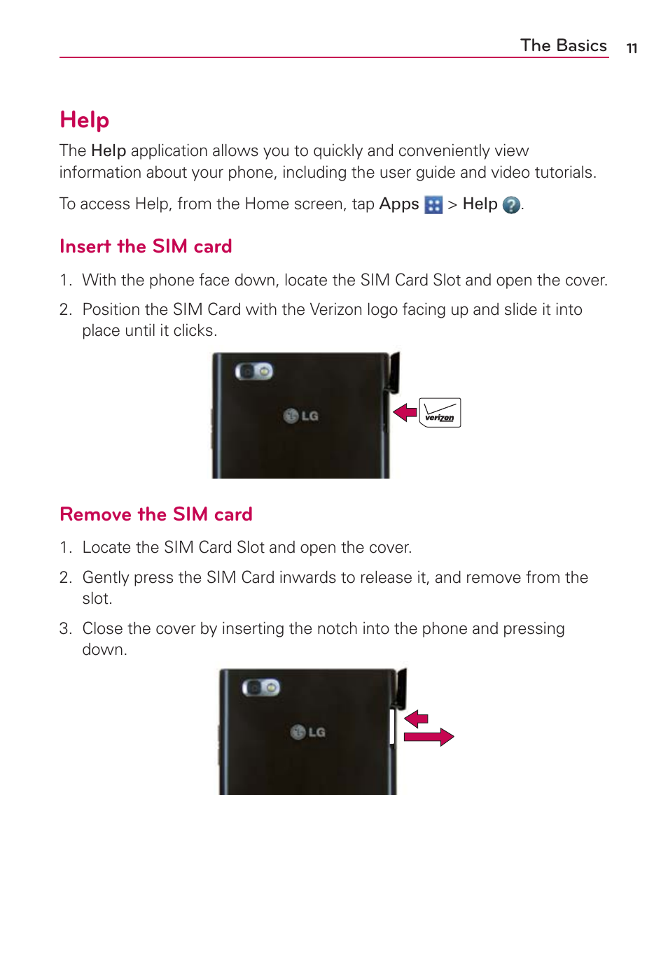 Help, Insert the sim card, Remove the sim card | LG VS950 User Manual | Page 13 / 209