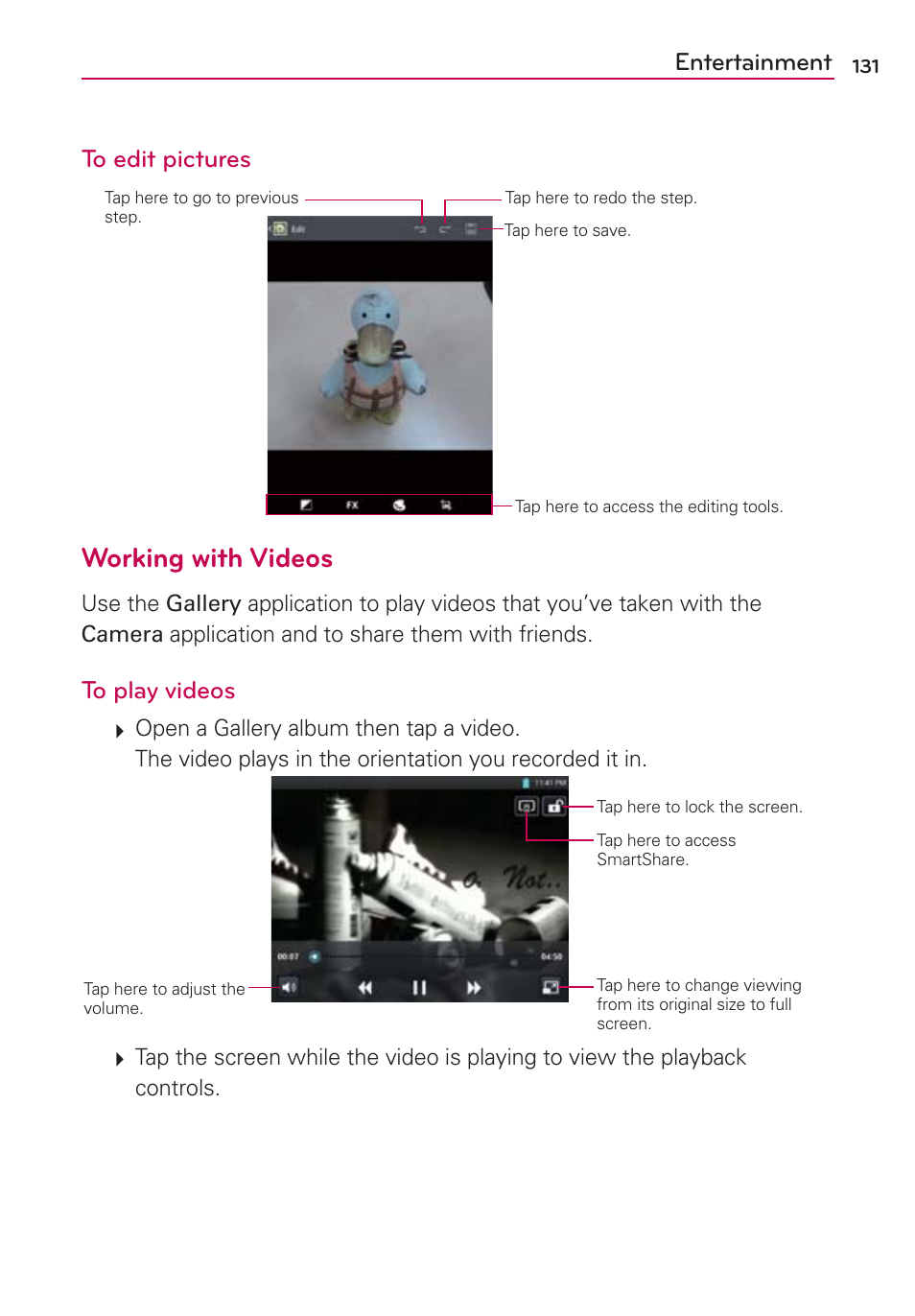 Working with videos, Entertainment to edit pictures | LG VS950 User Manual | Page 133 / 209