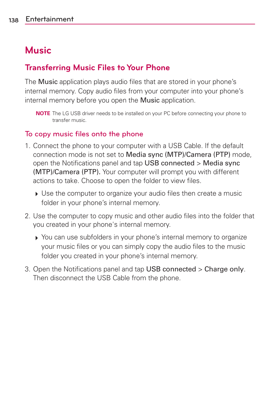 Music, Transferring music files to your phone | LG VS950 User Manual | Page 140 / 209