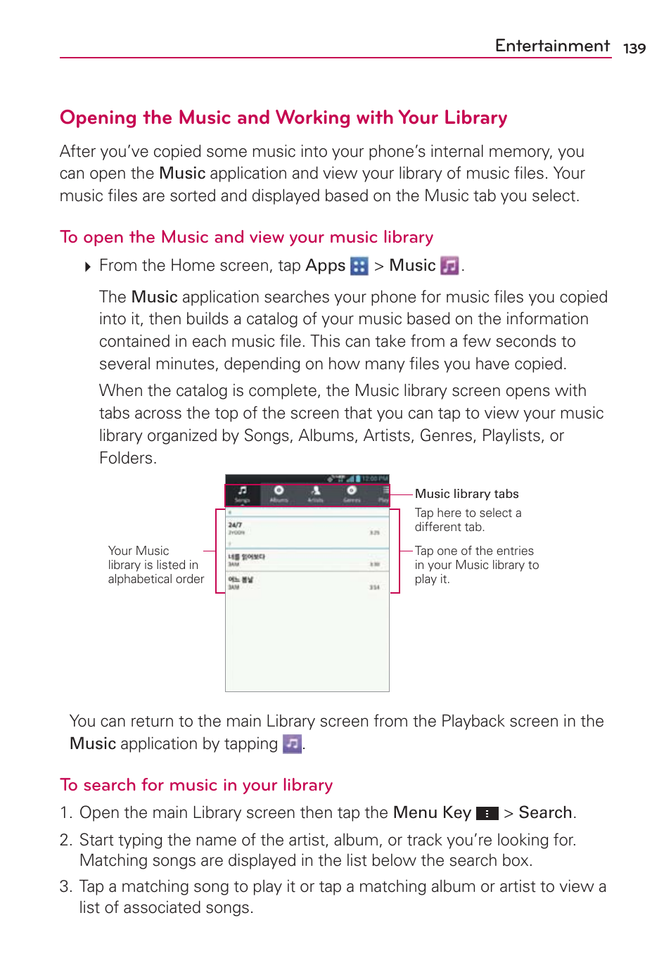 Opening the music and working with your library | LG VS950 User Manual | Page 141 / 209