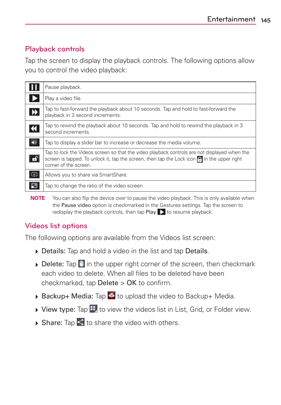 Entertainment playback controls, Videos list options | LG VS950 User Manual | Page 147 / 209