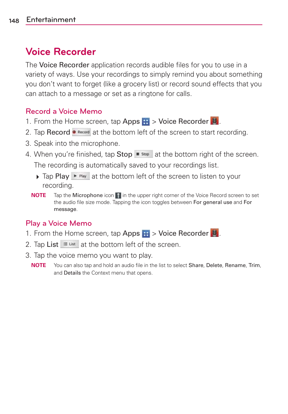 Voice recorder, Entertainment | LG VS950 User Manual | Page 150 / 209