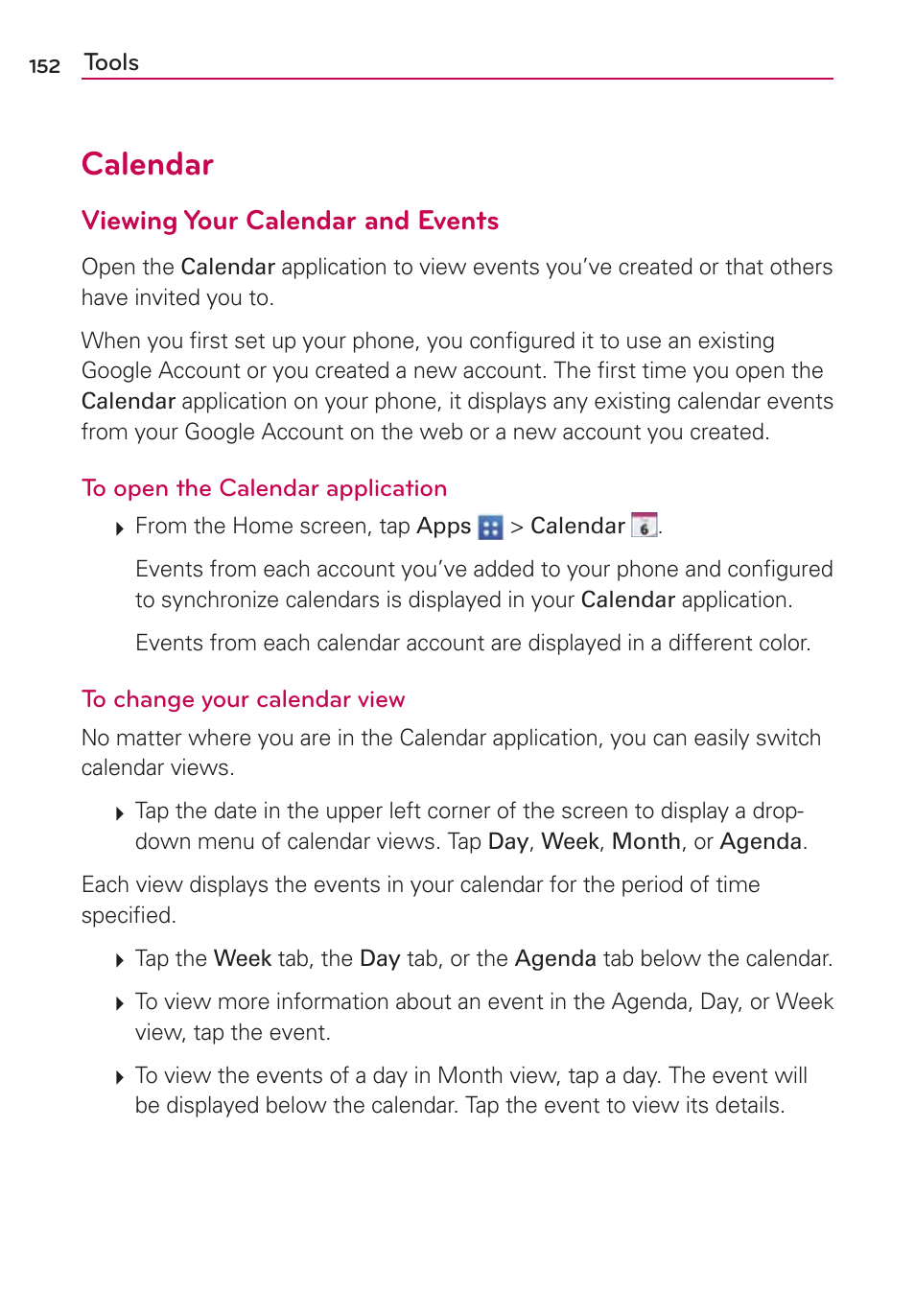 Calendar, Viewing your calendar and events | LG VS950 User Manual | Page 154 / 209