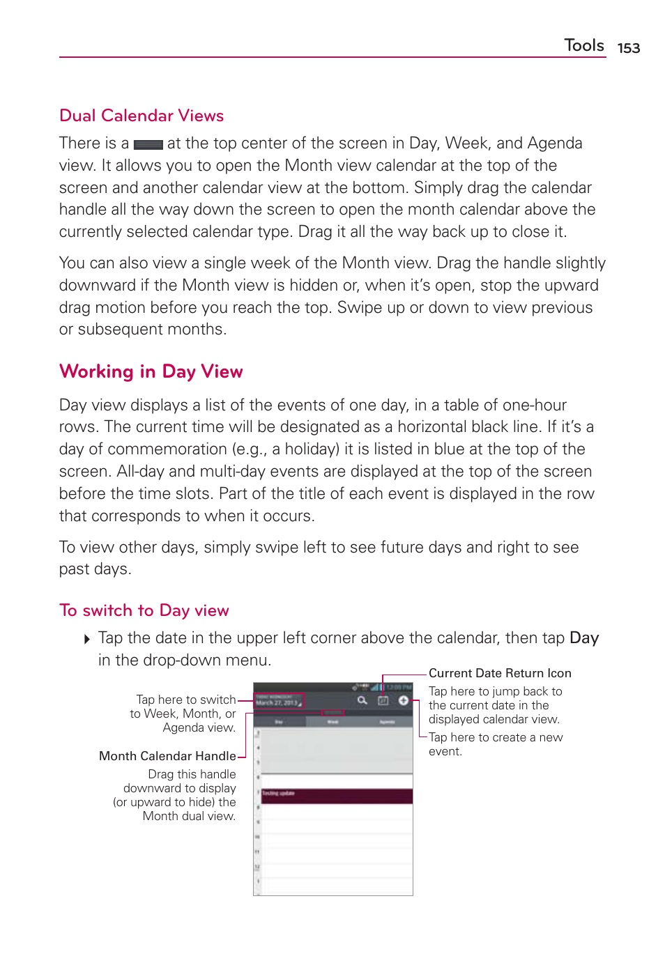 Working in day view, Tools dual calendar views | LG VS950 User Manual | Page 155 / 209