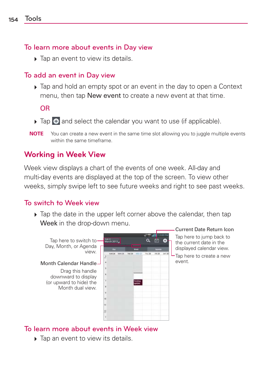 Working in week view, Tools to learn more about events in day view | LG VS950 User Manual | Page 156 / 209