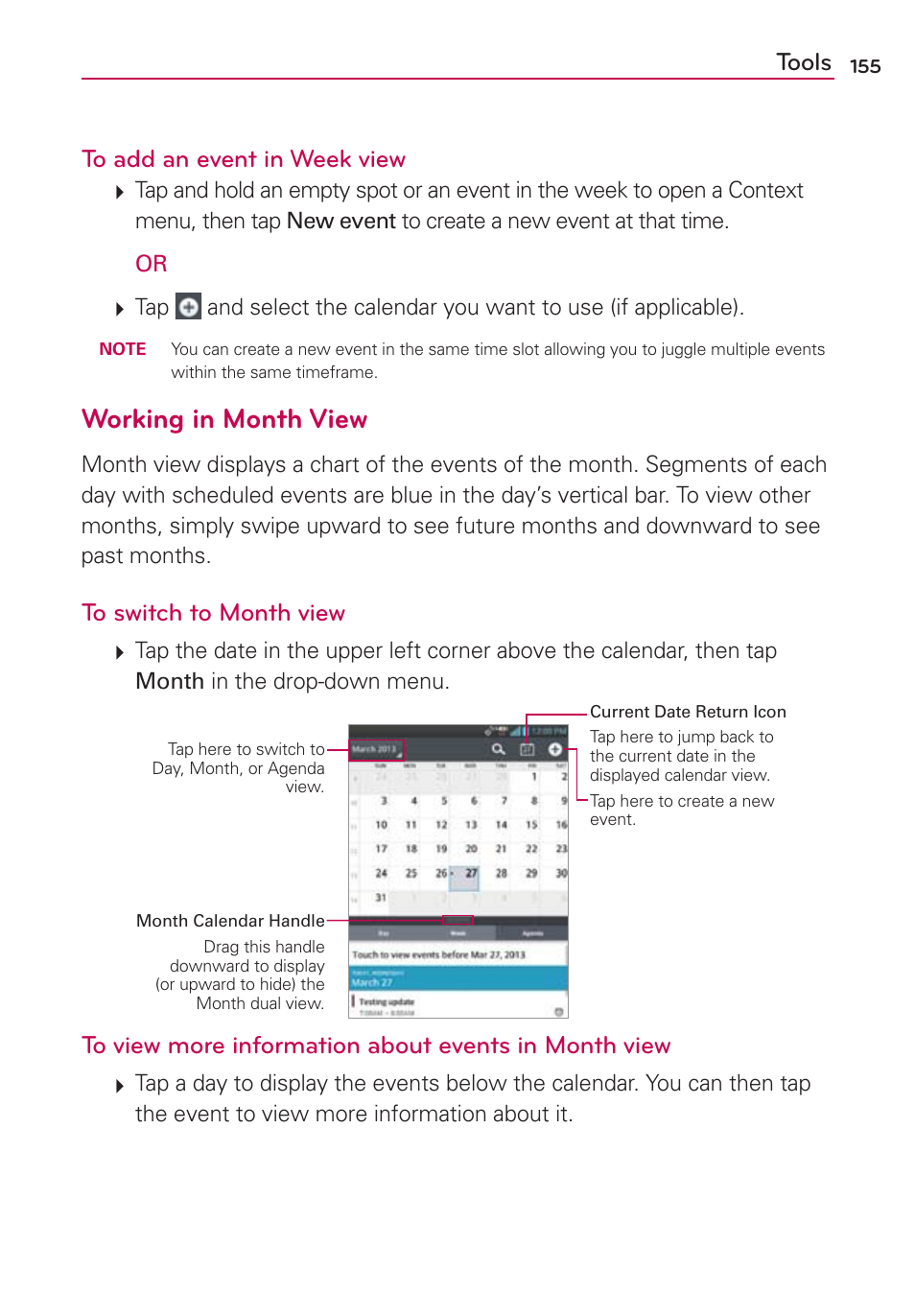 Working in month view, Tools to add an event in week view | LG VS950 User Manual | Page 157 / 209