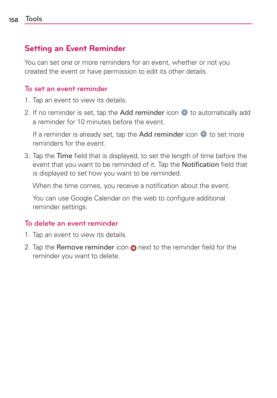 Setting an event reminder | LG VS950 User Manual | Page 160 / 209