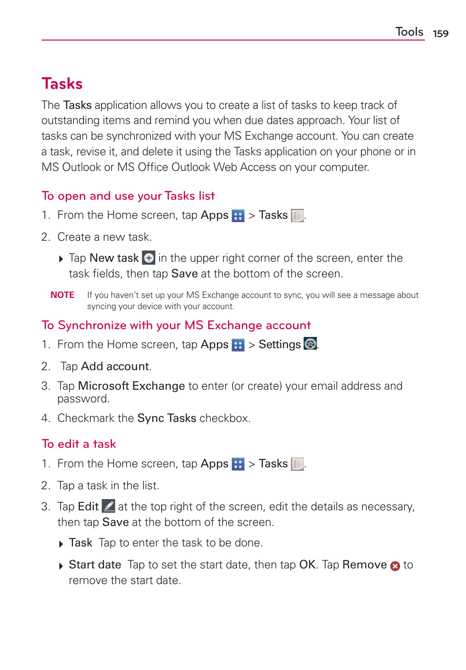 Tasks | LG VS950 User Manual | Page 161 / 209