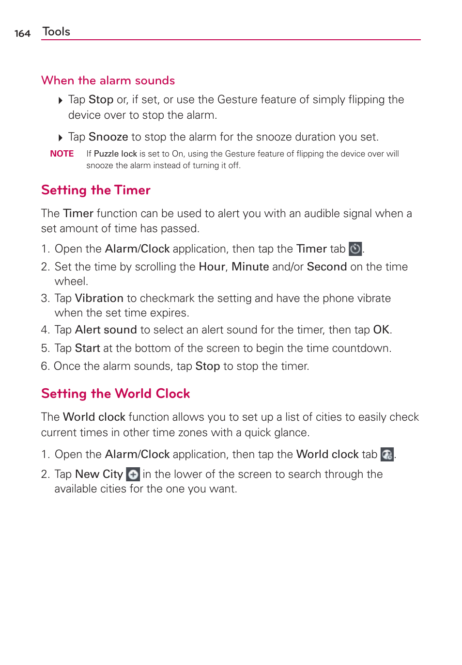 Setting the timer, Setting the world clock | LG VS950 User Manual | Page 166 / 209