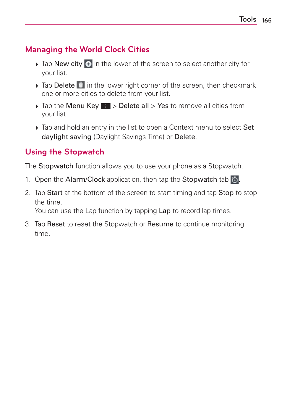 Managing the world clock cities, Using the stopwatch | LG VS950 User Manual | Page 167 / 209