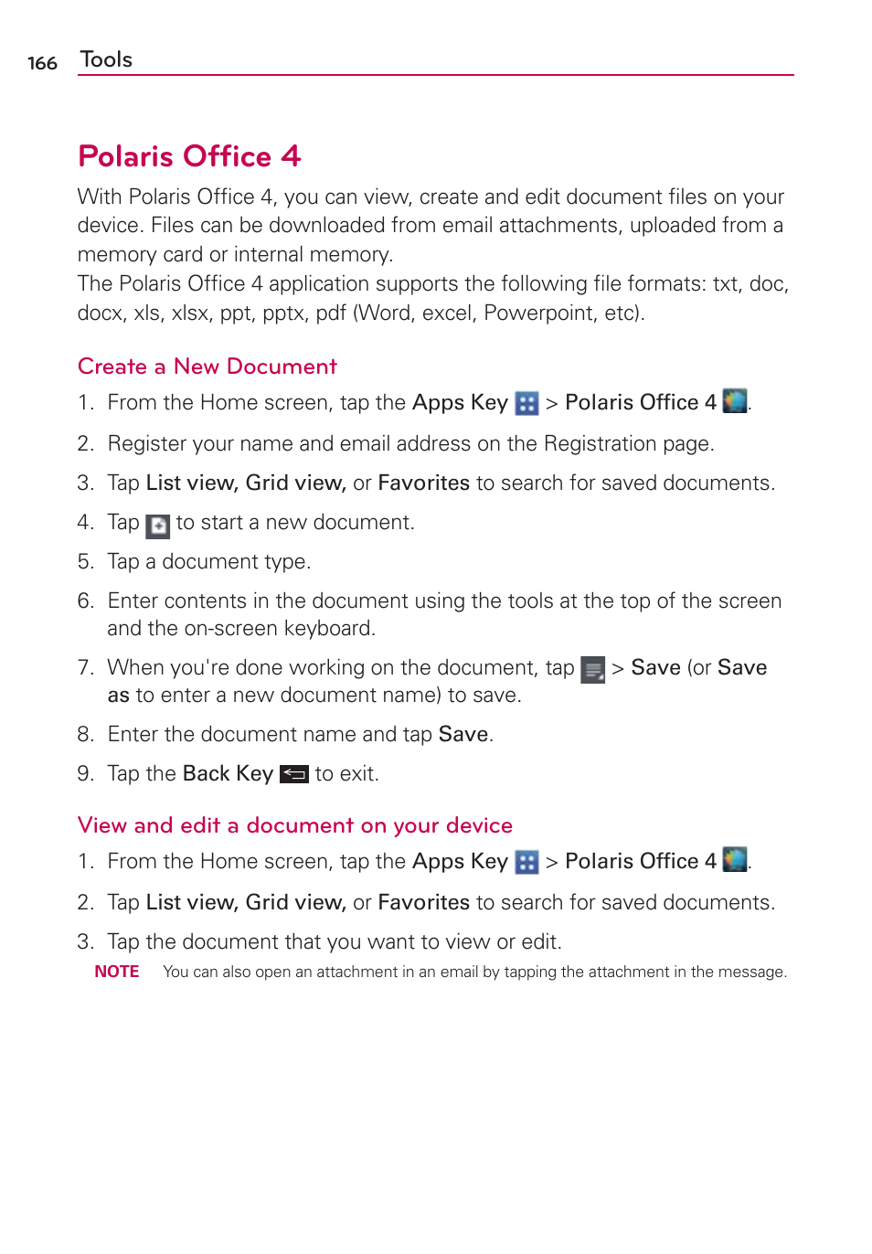 Polaris office 4, Polaris ofﬁce 4 | LG VS950 User Manual | Page 168 / 209