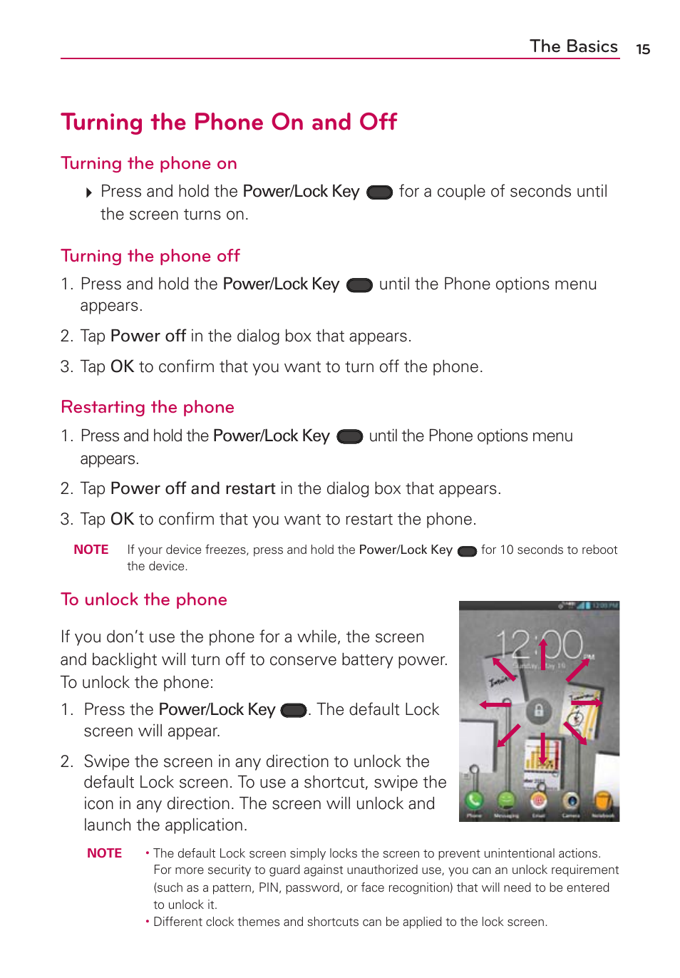 Turning the phone on and off, The basics, Turning the phone on | Turning the phone off, Restarting the phone | LG VS950 User Manual | Page 17 / 209