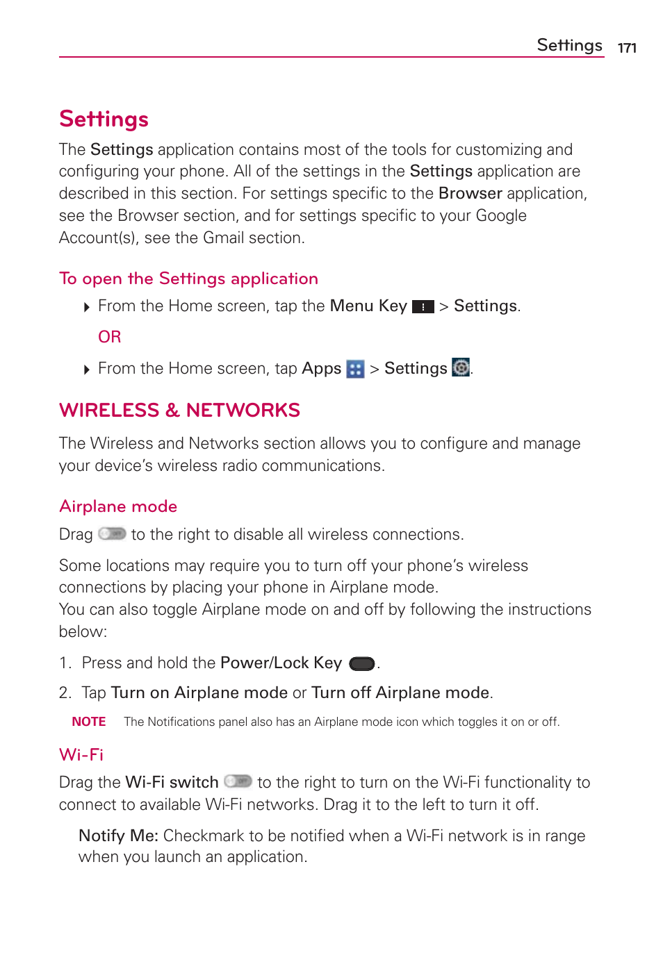 Settings, Wireless & networks | LG VS950 User Manual | Page 173 / 209