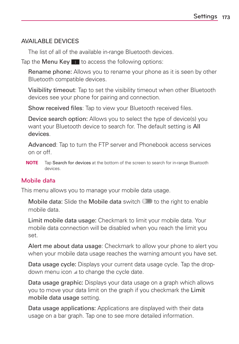 Settings, Mobile data | LG VS950 User Manual | Page 175 / 209